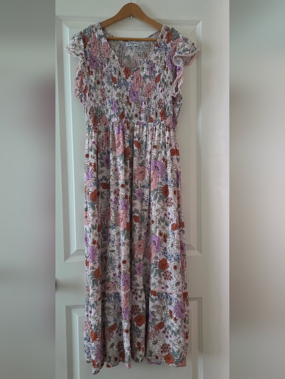 Floral Smocked Vneck Maxi Dress Cottage Core Preppy Coastal Womens L Polagram